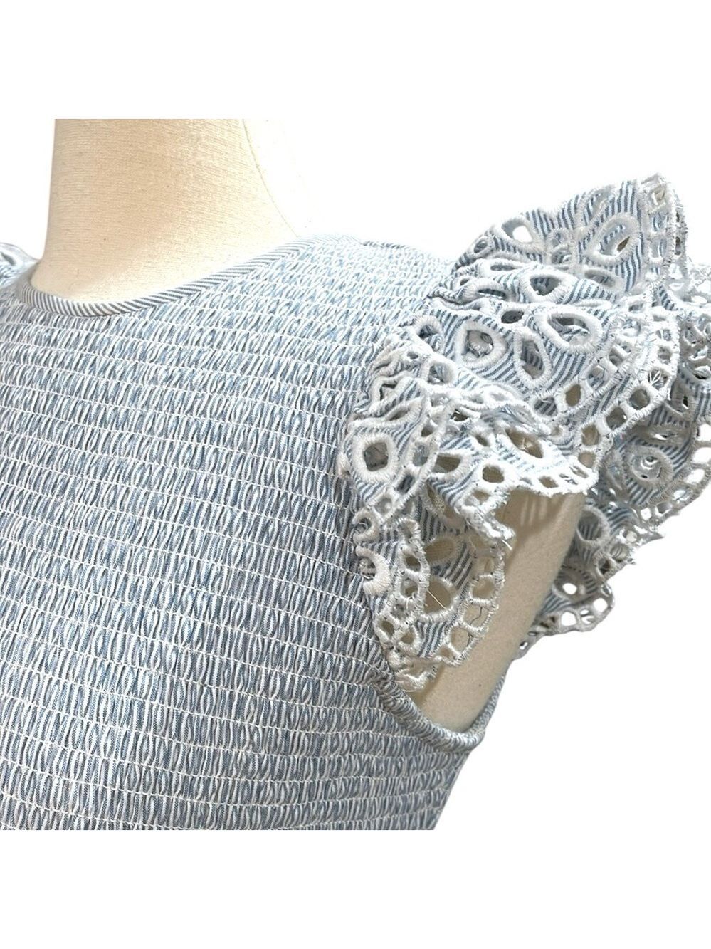 SAYLOR Zinnia Smocked Eyelet Mini Dress Yankee Pinstripe SZ M Blue White - Picture 8 of 10